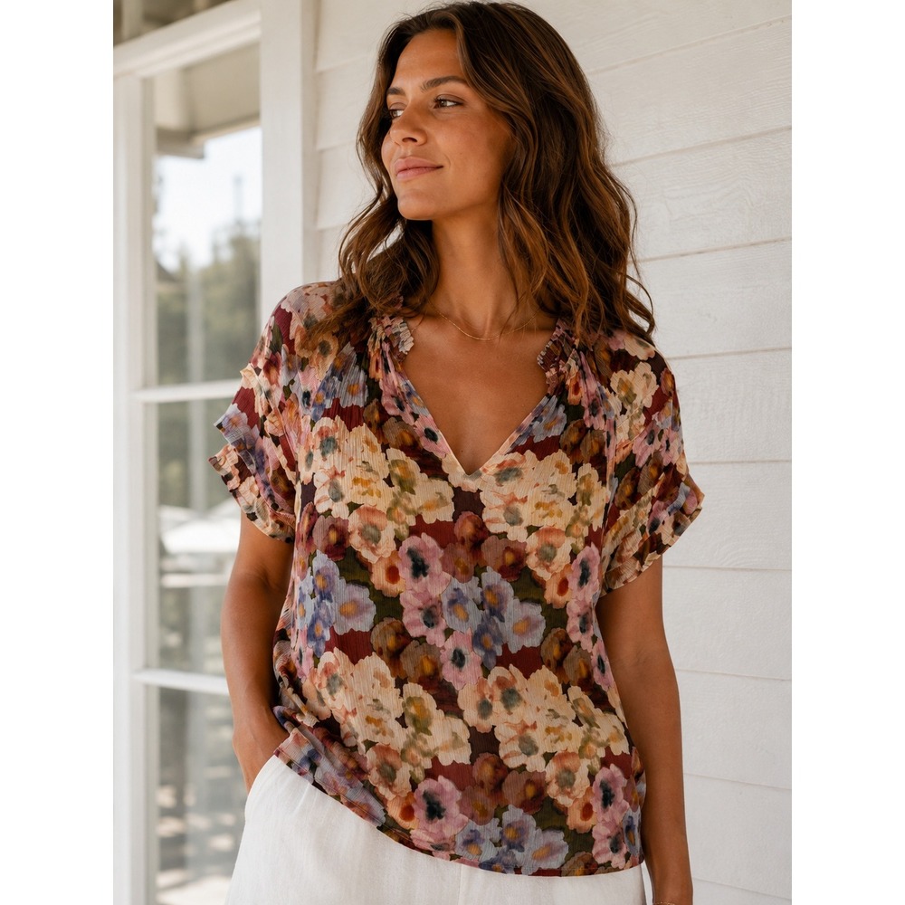 Rails Floral V-Neck Blouse in Brown, Pink, Cream, Blue